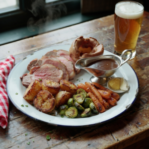 A traditional Sunday roast with Yorkshire pudding, served at a London pub